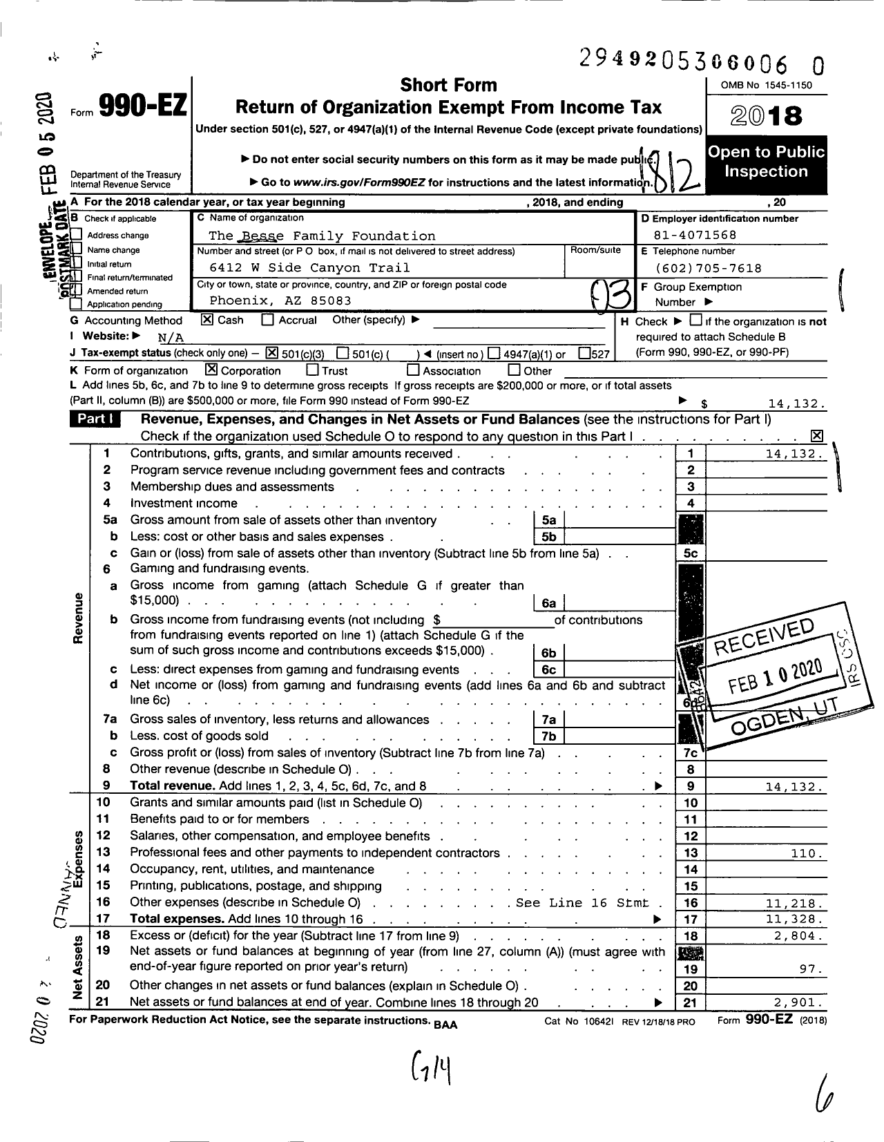 Image of first page of 2018 Form 990EZ for The Besse Family Foundation