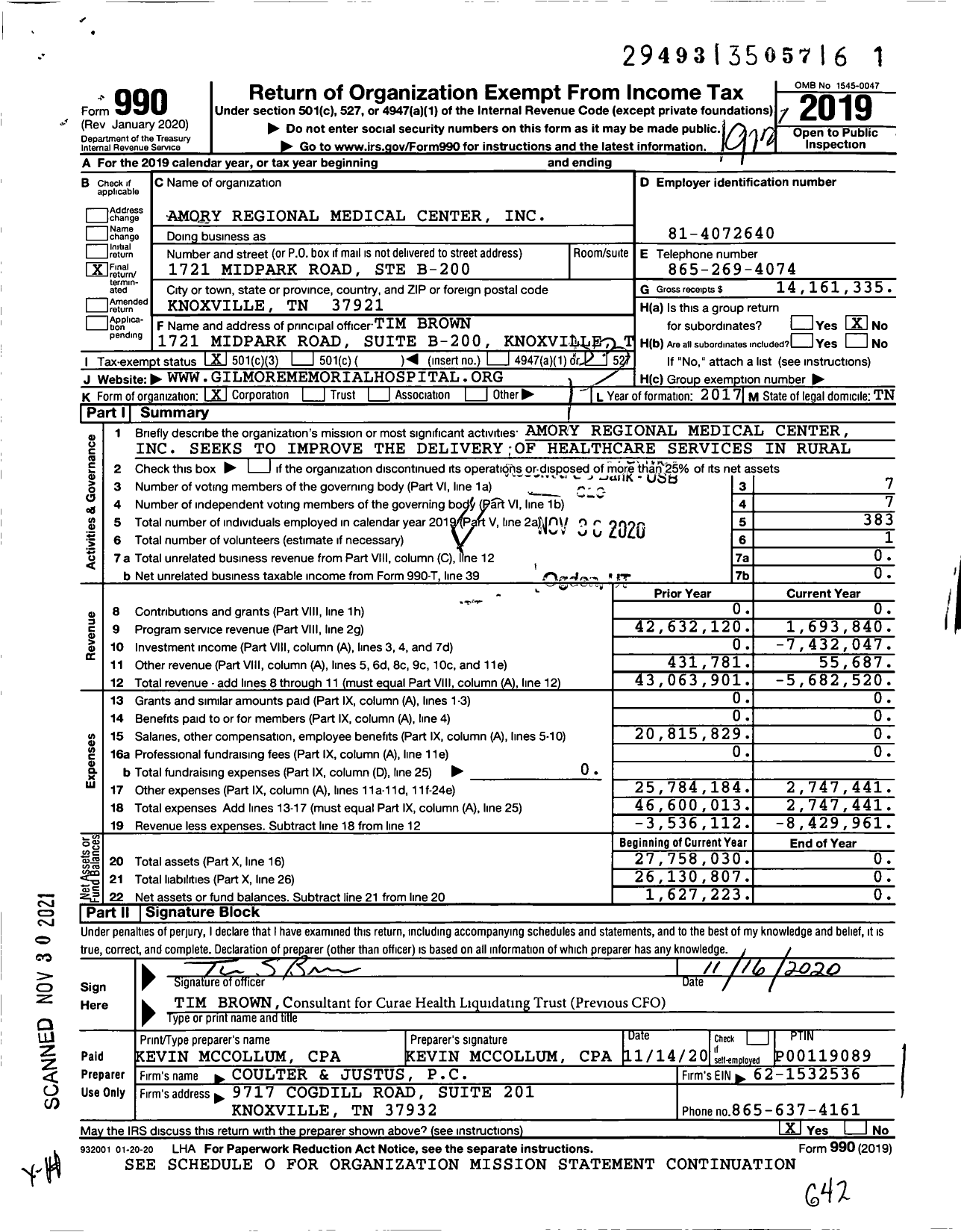 Image of first page of 2019 Form 990 for Amory Regional Medical Center