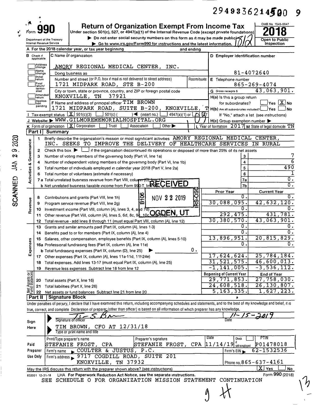 Image of first page of 2018 Form 990 for Amory Regional Medical Center