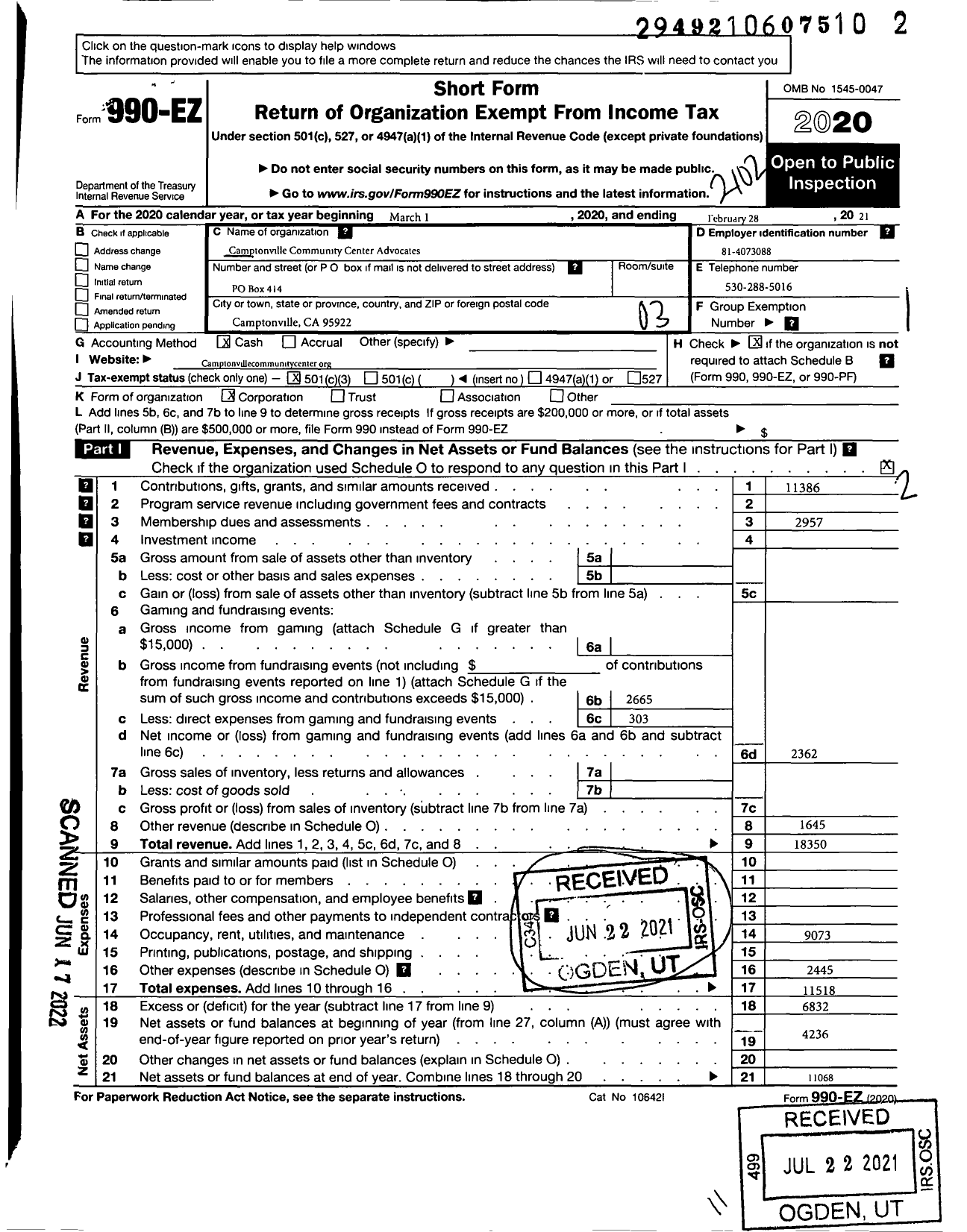 Image of first page of 2020 Form 990EZ for Camptonville Community Center Advocates