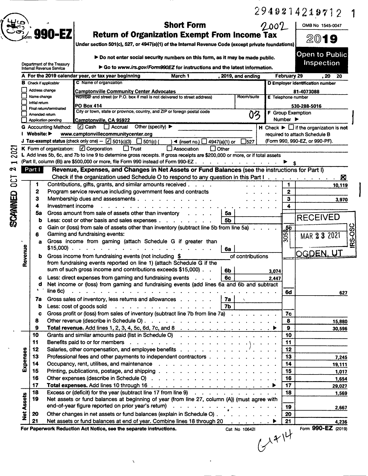 Image of first page of 2019 Form 990EZ for Camptonville Community Center Advocates