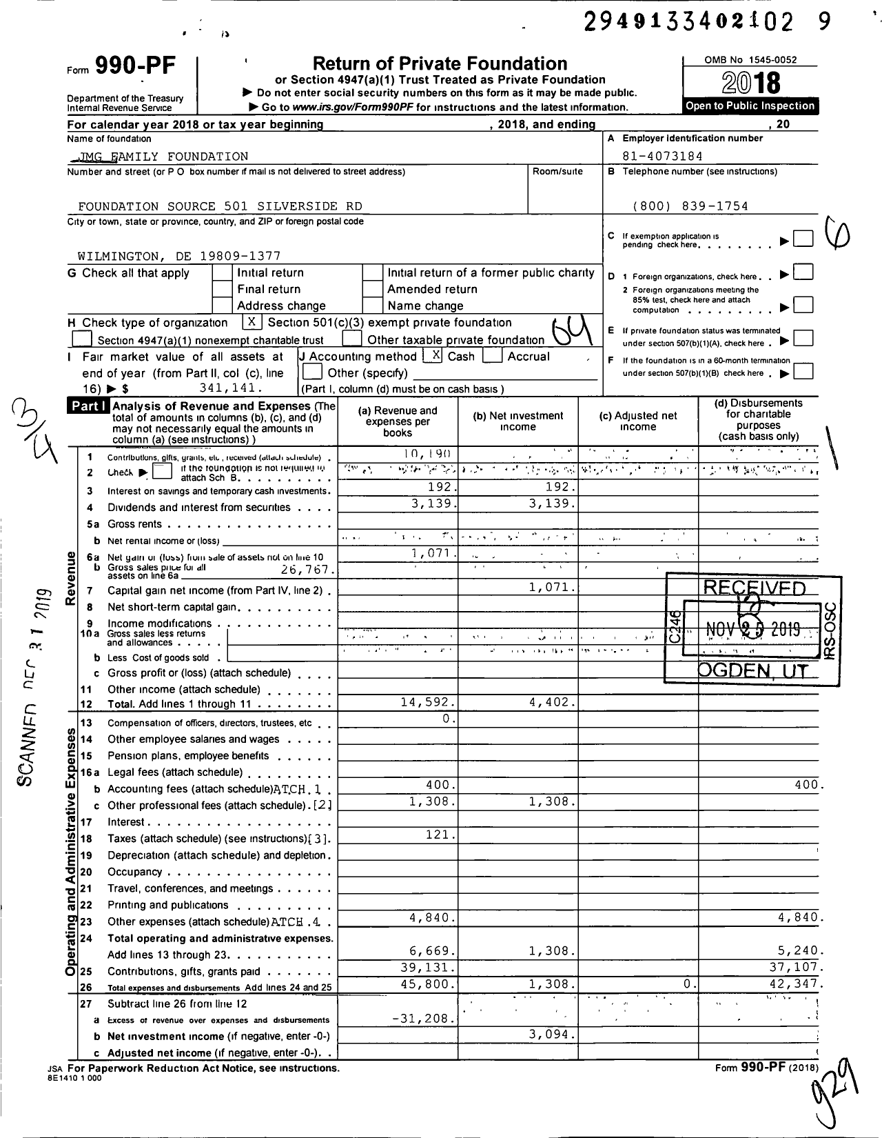 Image of first page of 2018 Form 990PF for JMG Family Foundation