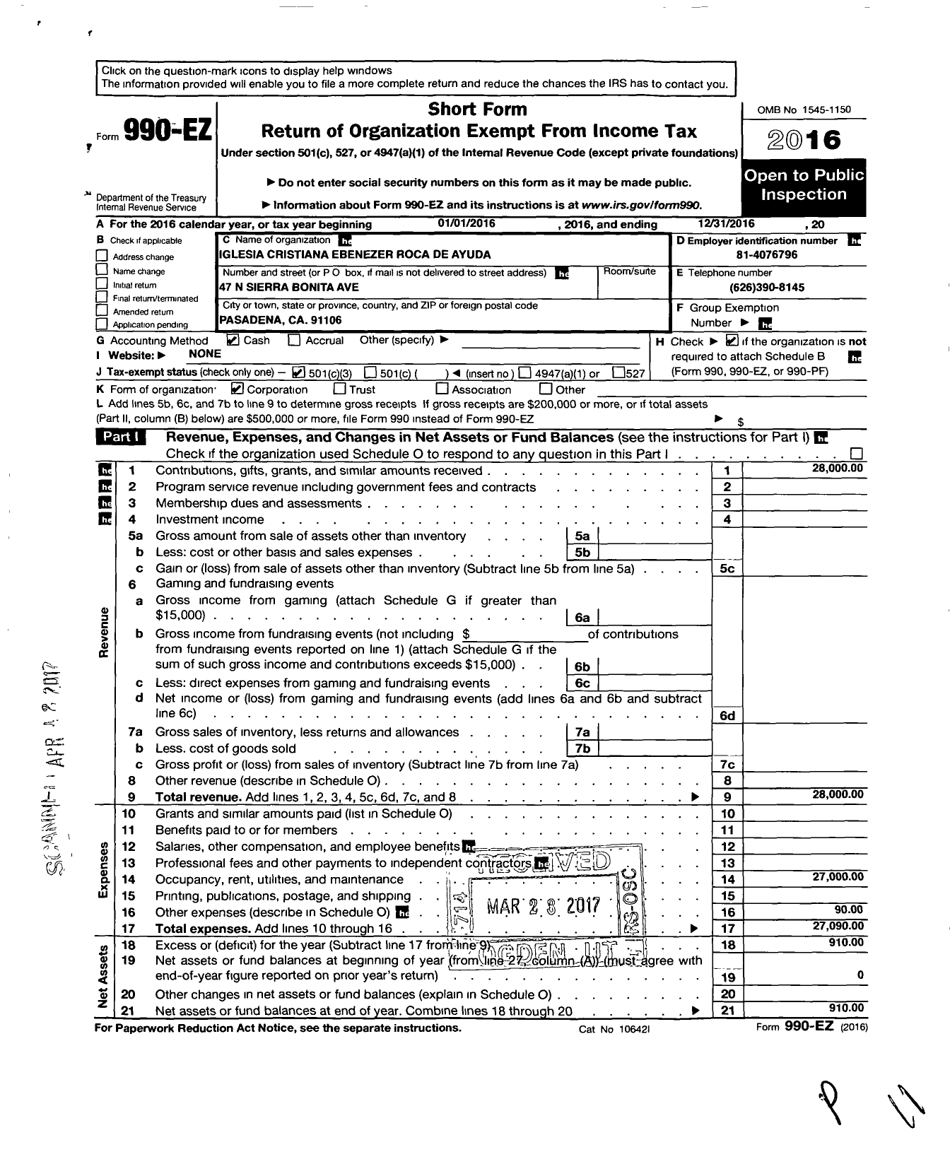 Image of first page of 2016 Form 990EZ for Iglesia Cristiana Ebenezer Roca de Ayuda