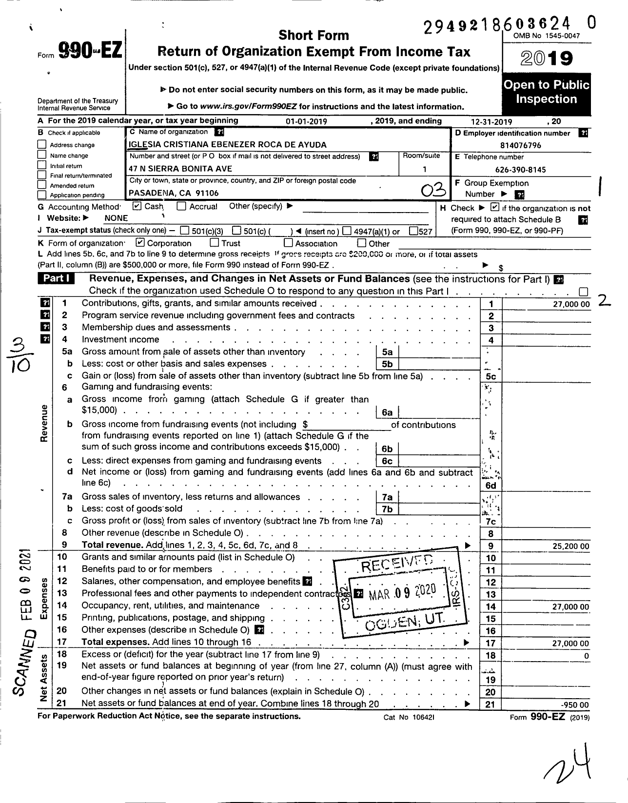 Image of first page of 2019 Form 990EZ for Iglesia Cristiana Ebenezer Roca de Ayuda