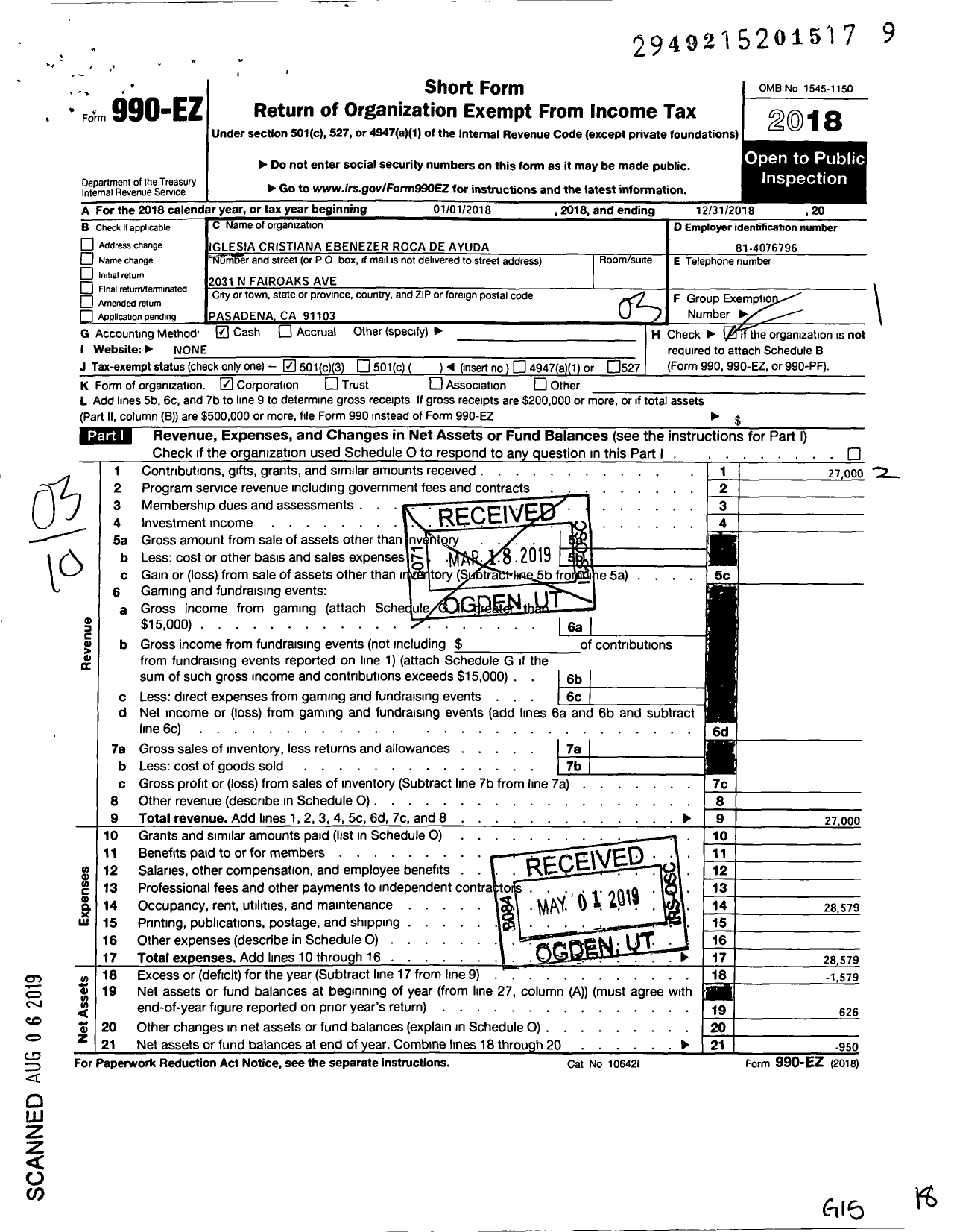 Image of first page of 2018 Form 990EZ for Iglesia Cristiana Ebenezer Roca de Ayuda