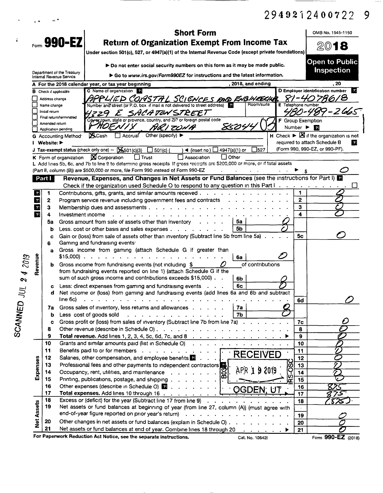 Image of first page of 2018 Form 990EZ for Applied Coastal Sciences and Engineering