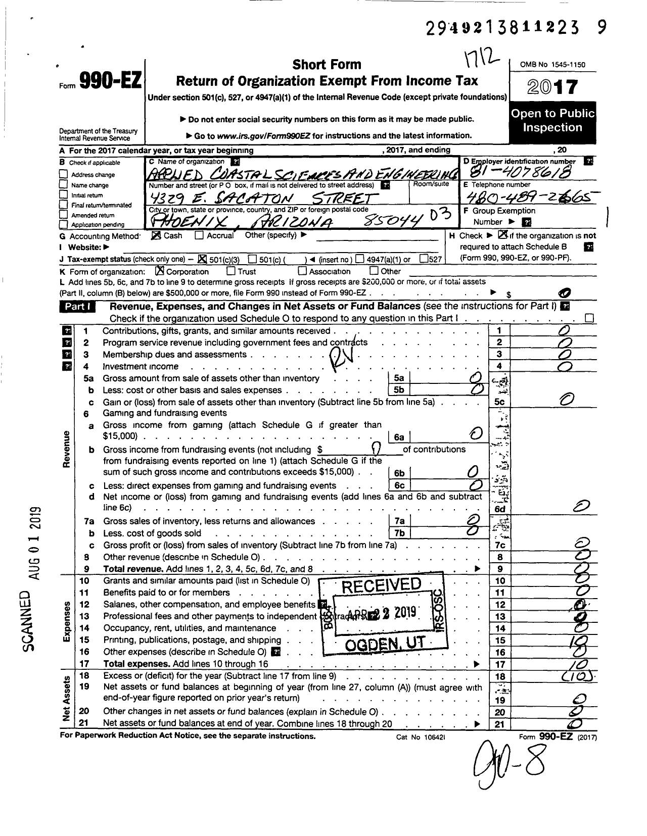 Image of first page of 2017 Form 990EZ for Applied Coastal Sciences and Engineering