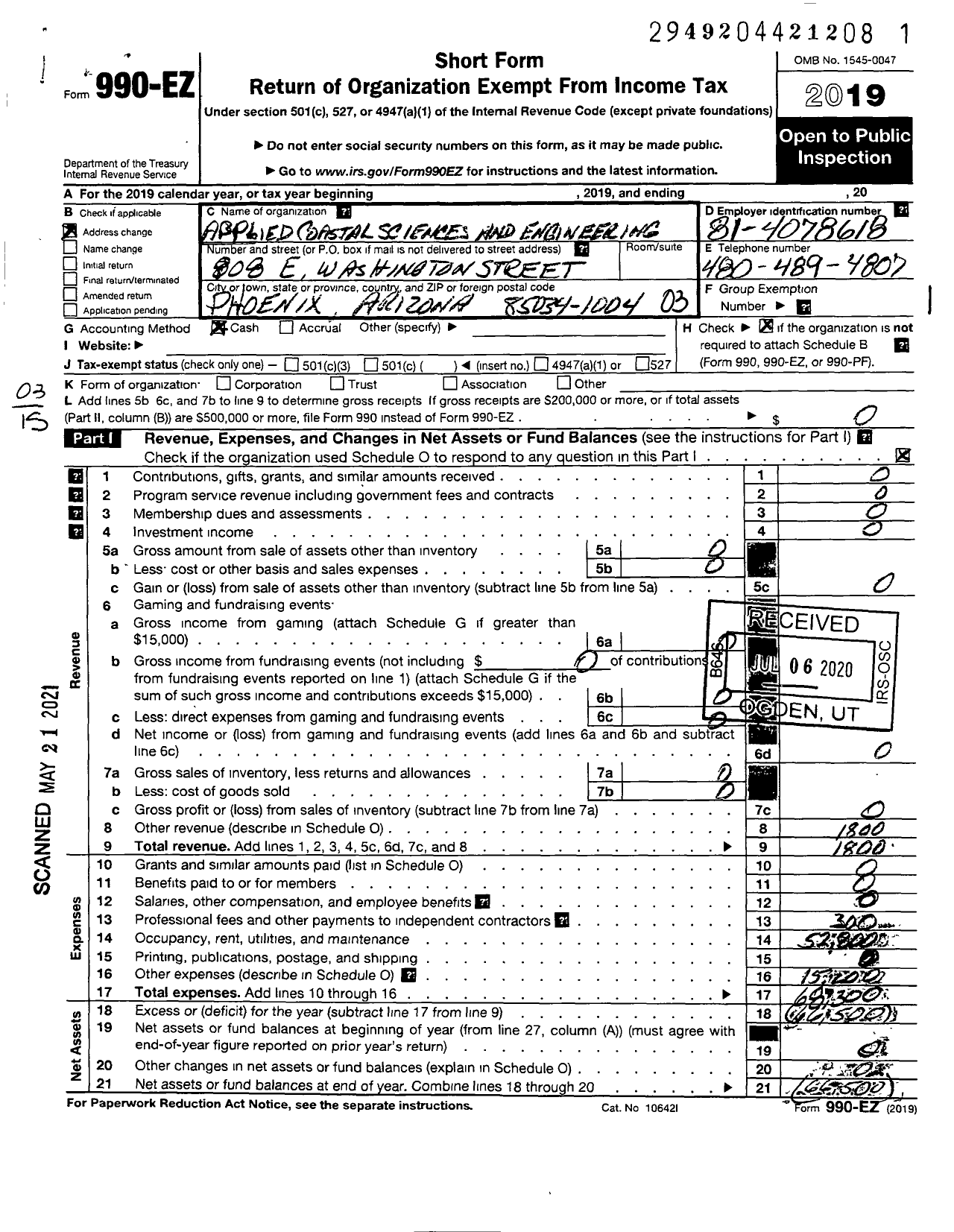 Image of first page of 2019 Form 990EZ for Applied Coastal Sciences and Engineering