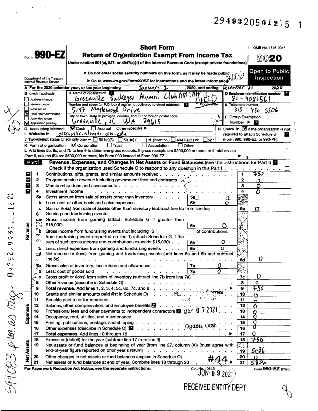 Image of first page of 2019 Form 990EO for Greenville Buckeyes Alumni Club