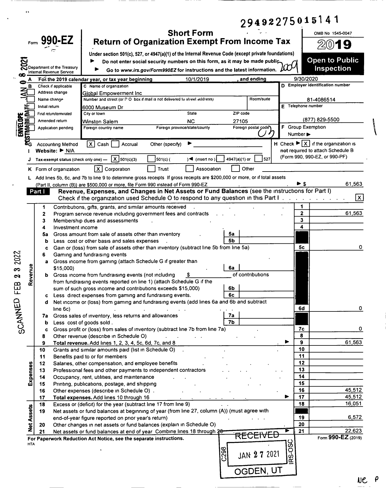 Image of first page of 2019 Form 990EZ for Global Empowerment