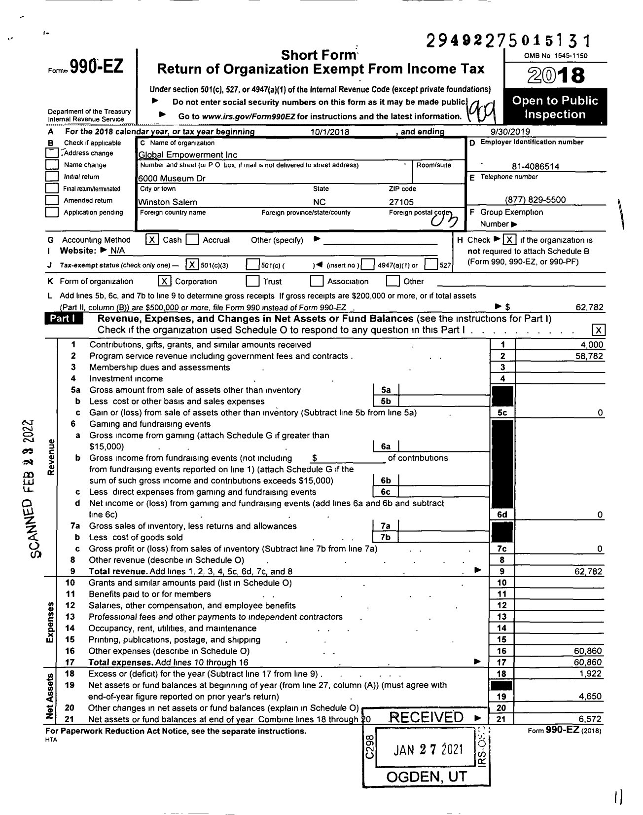 Image of first page of 2018 Form 990EZ for Global Empowerment