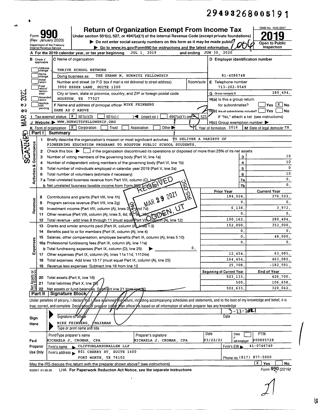 Image of first page of 2019 Form 990 for Thrive School Network