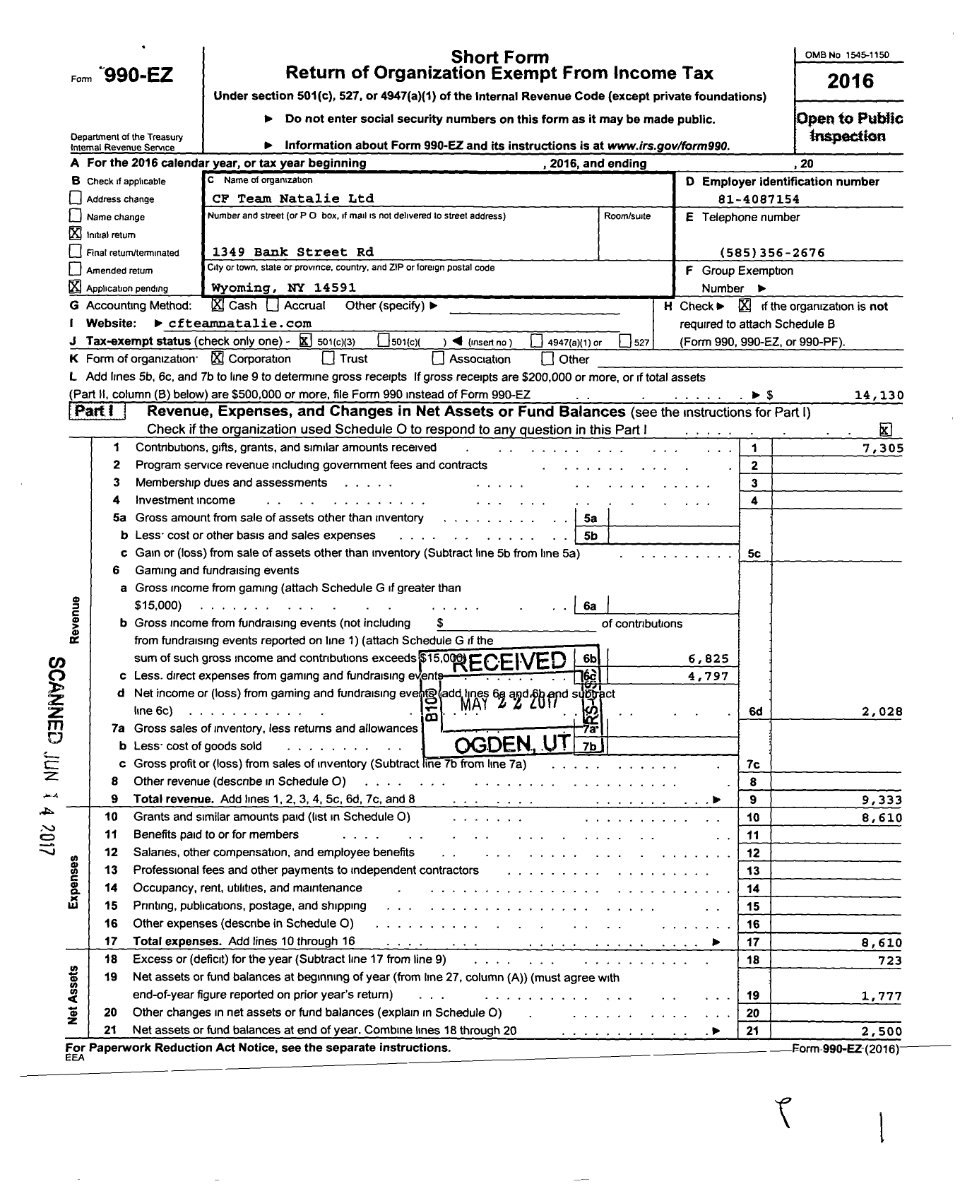 Image of first page of 2016 Form 990EZ for CF Team Natalie