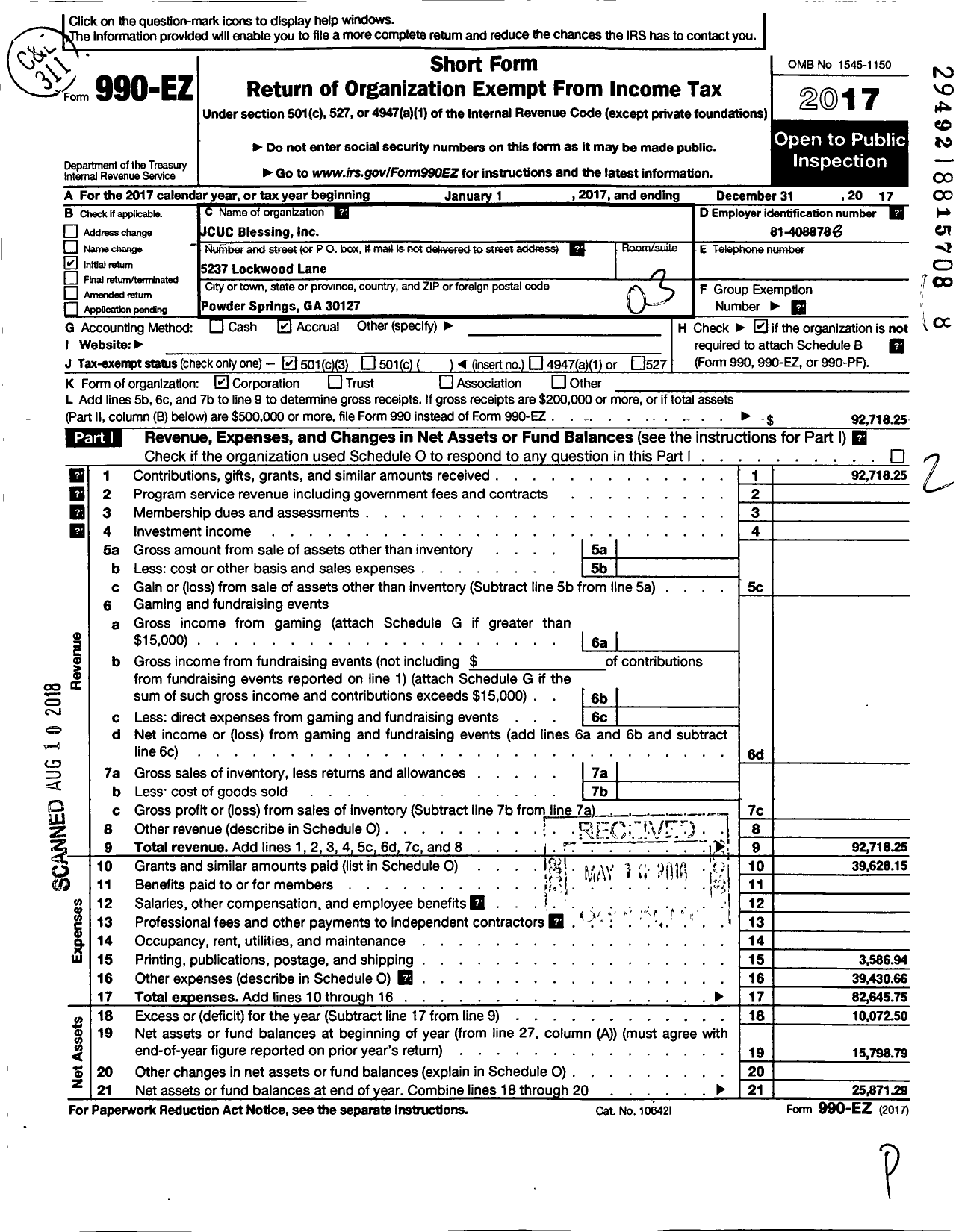 Image of first page of 2017 Form 990EZ for Jcuc Blessing