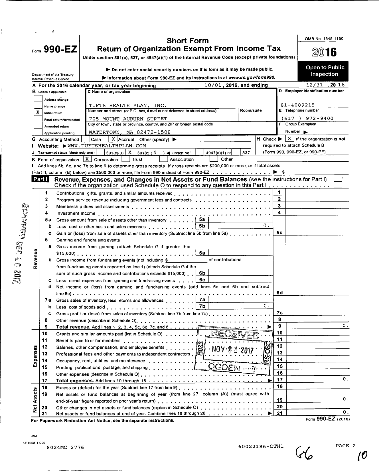 Image of first page of 2016 Form 990EO for Point32Health