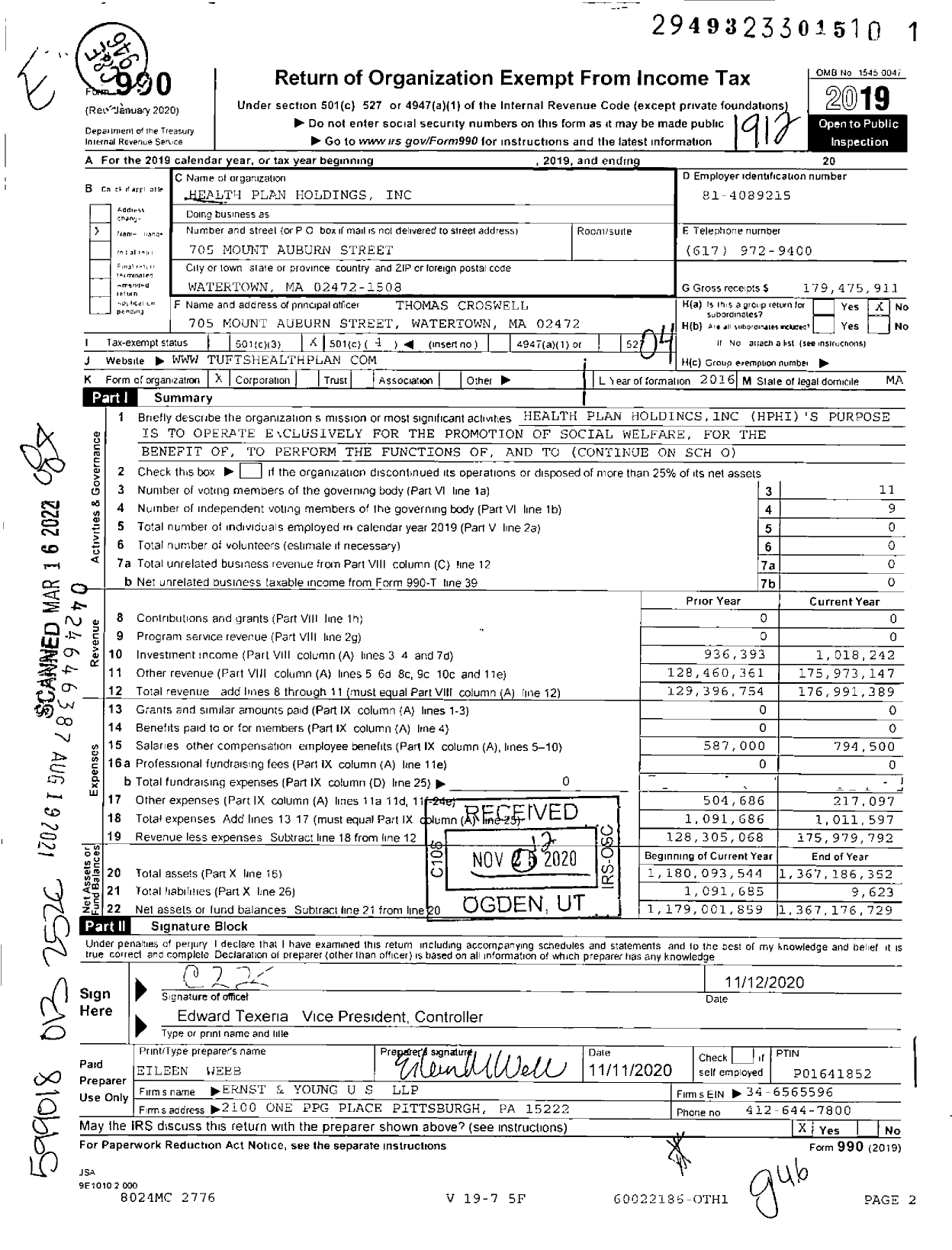 Image of first page of 2019 Form 990O for Point32Health