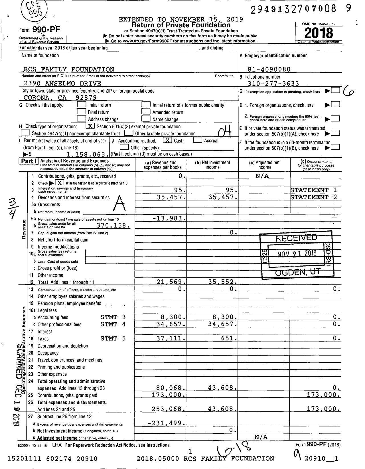 Image of first page of 2018 Form 990PF for RCS Family Foundation