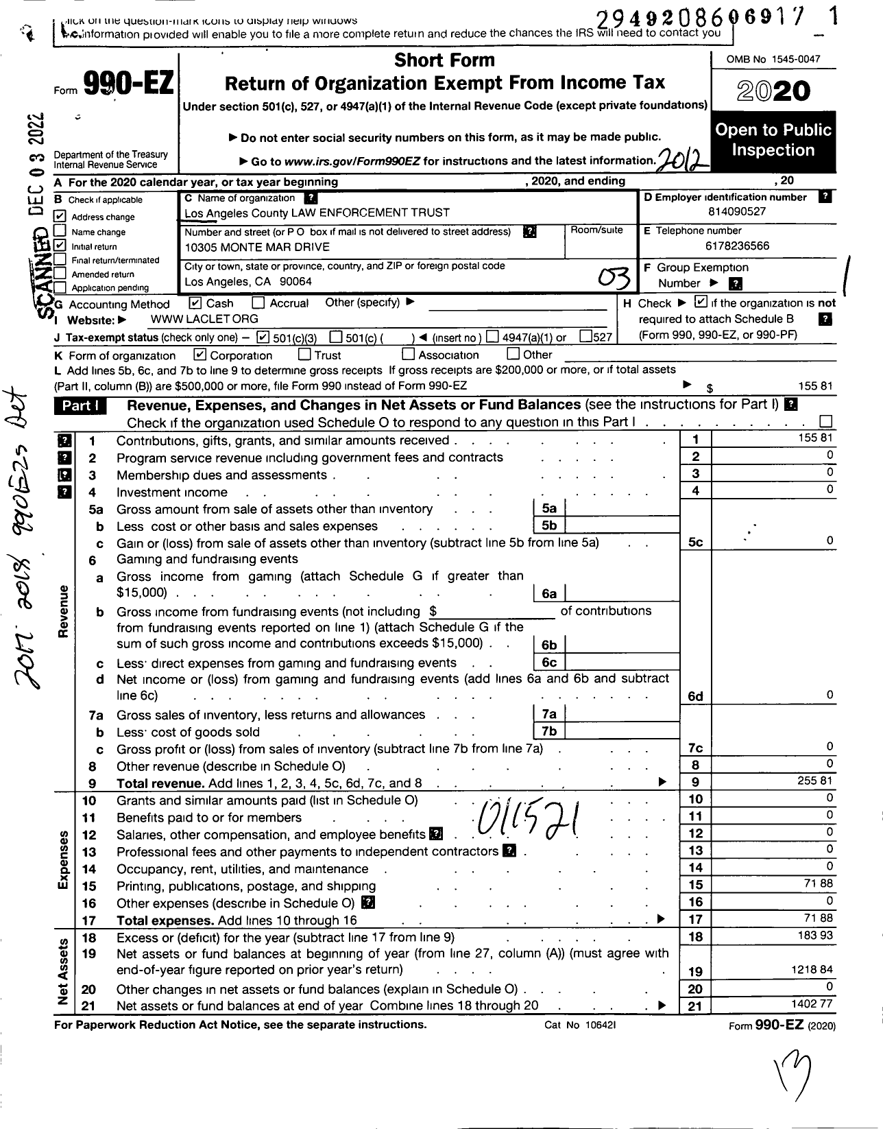 Image of first page of 2020 Form 990EZ for Los Angeles County Law Enforcement Trust