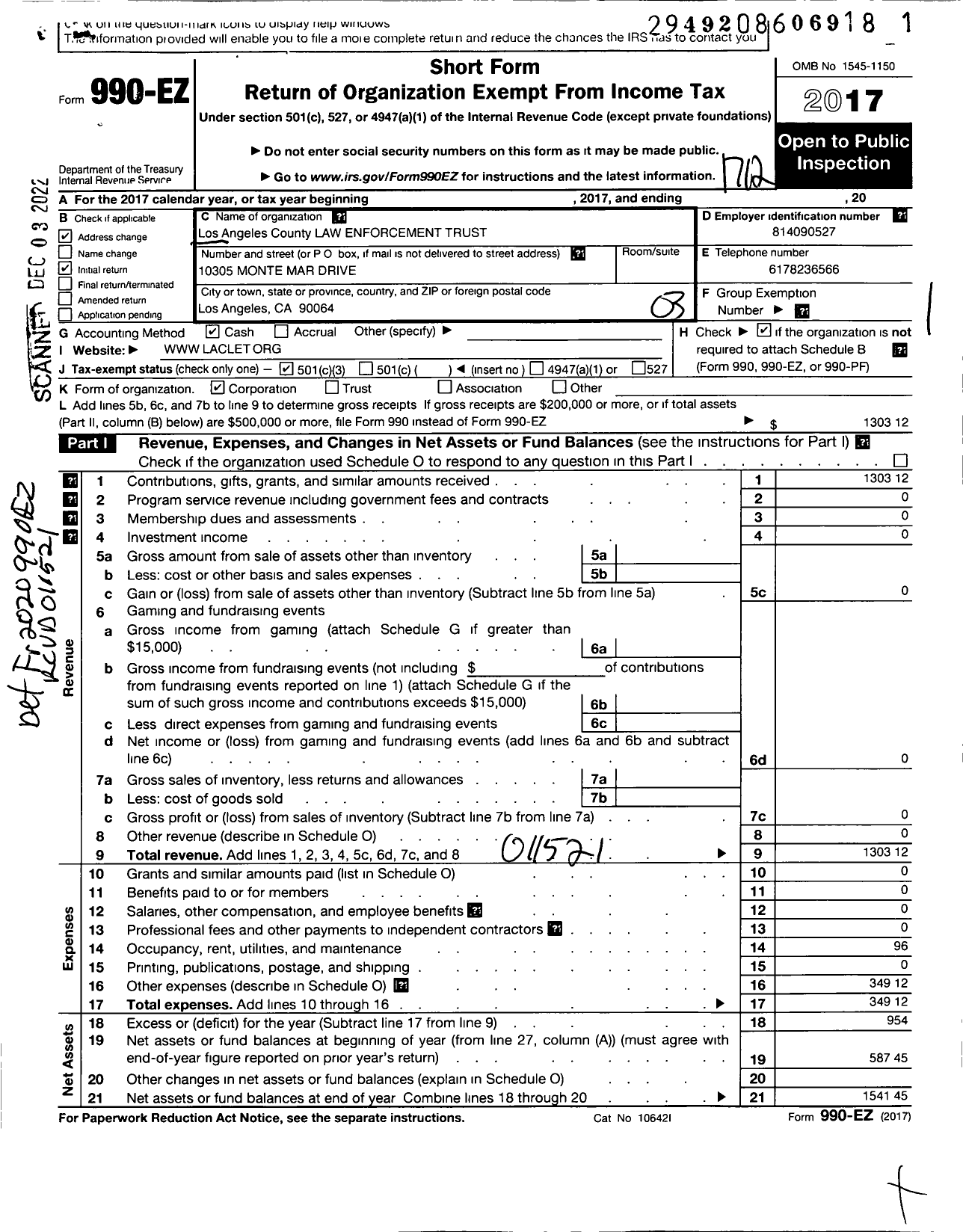Image of first page of 2017 Form 990EZ for Los Angeles County Law Enforcement Trust