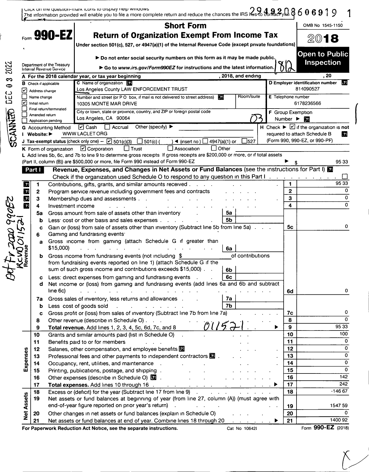 Image of first page of 2018 Form 990EZ for Los Angeles County Law Enforcement Trust