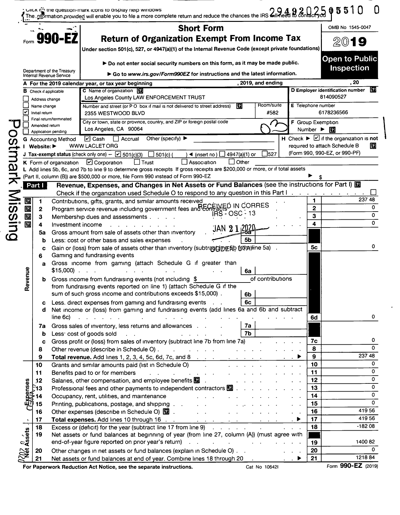 Image of first page of 2019 Form 990EZ for Los Angeles County Law Enforcement Trust