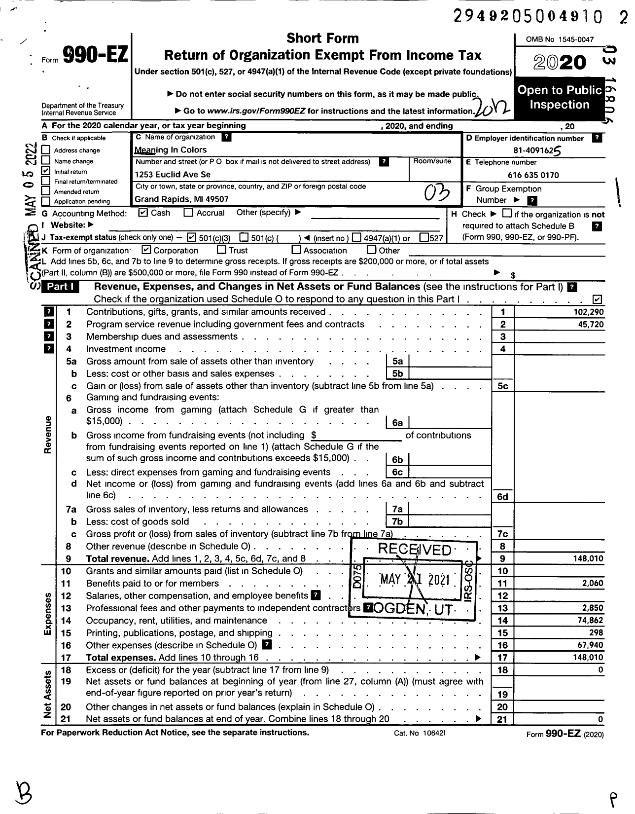 Image of first page of 2020 Form 990EZ for Meaning In Colors