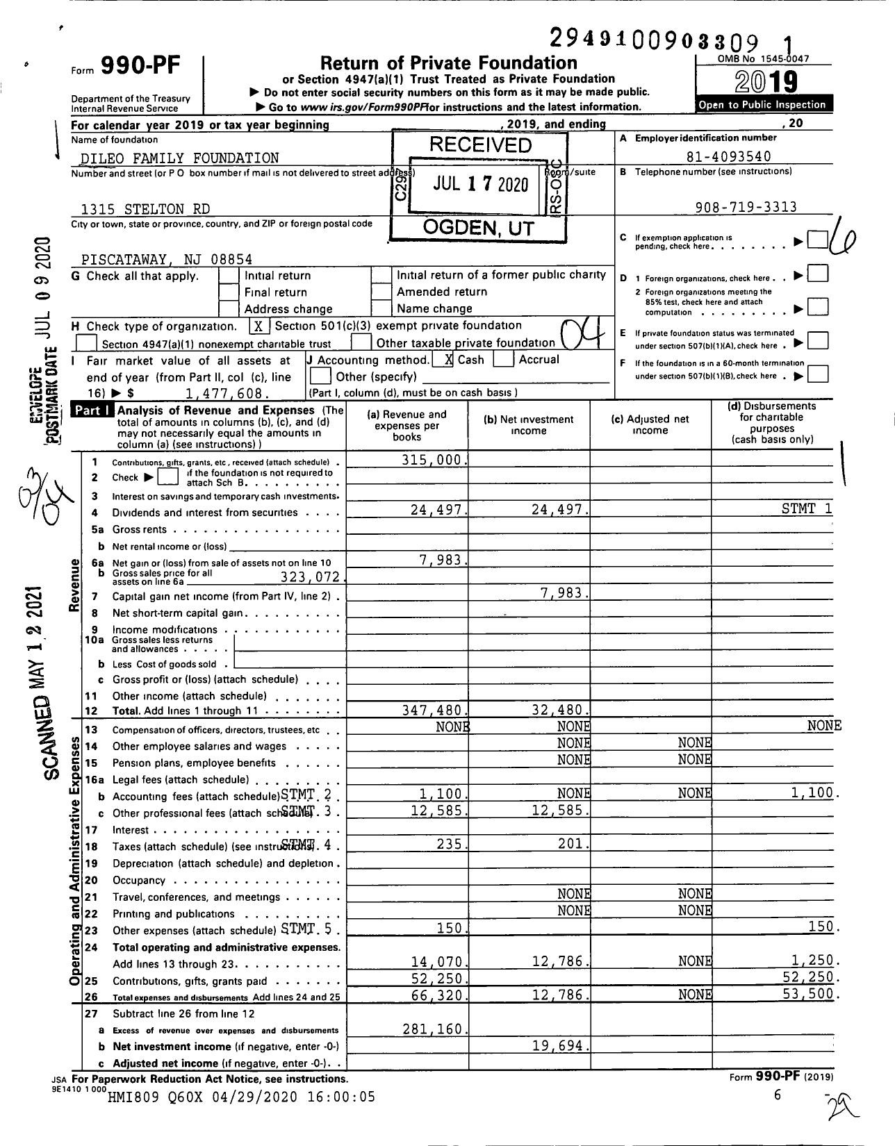 Image of first page of 2019 Form 990PF for Dileo Family Foundation