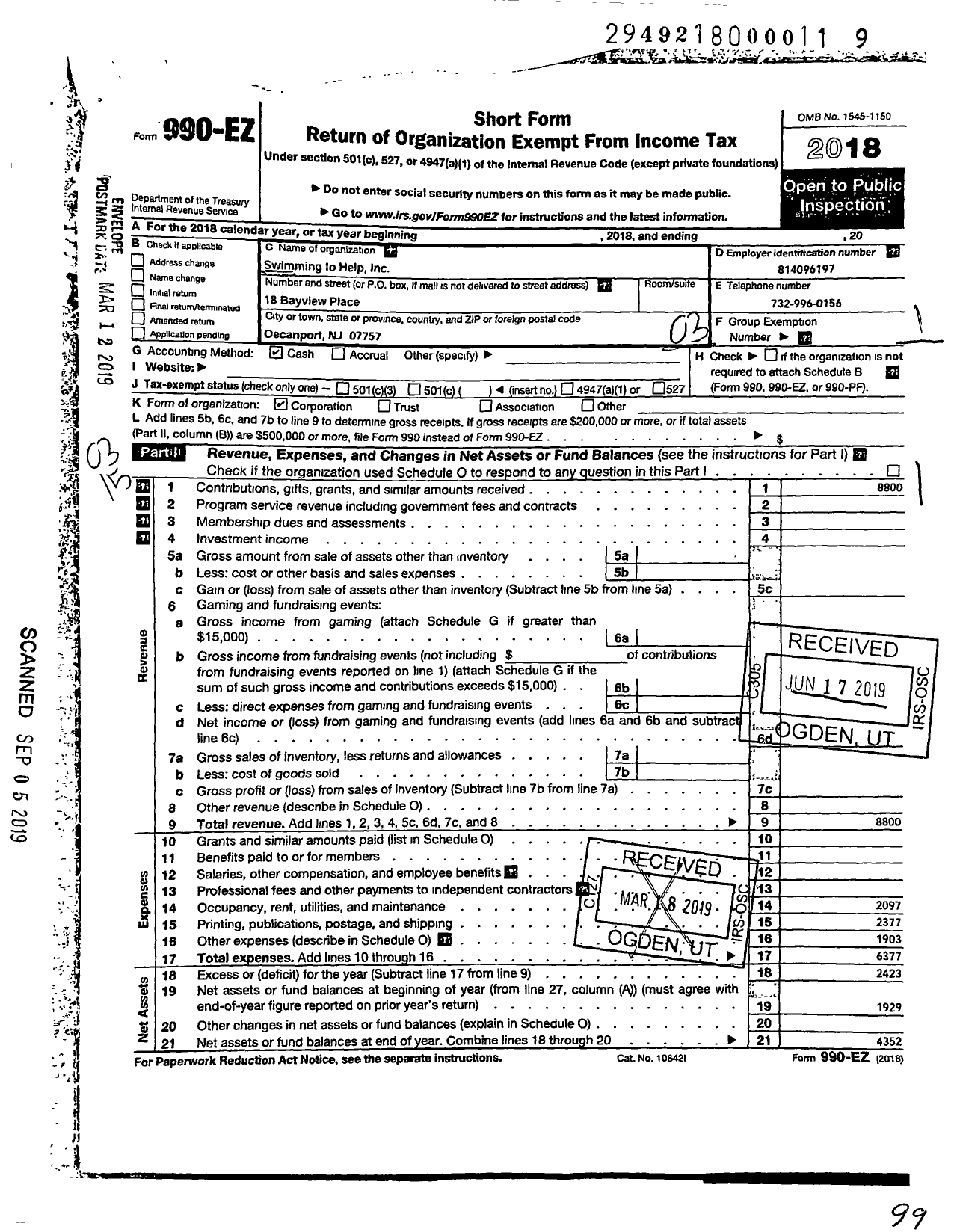 Image of first page of 2018 Form 990EZ for Swimming To Help