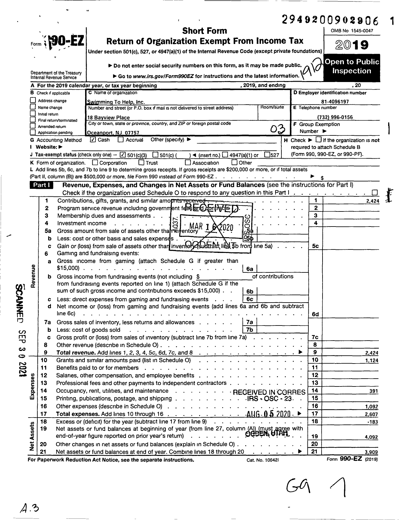 Image of first page of 2019 Form 990EZ for Swimming To Help