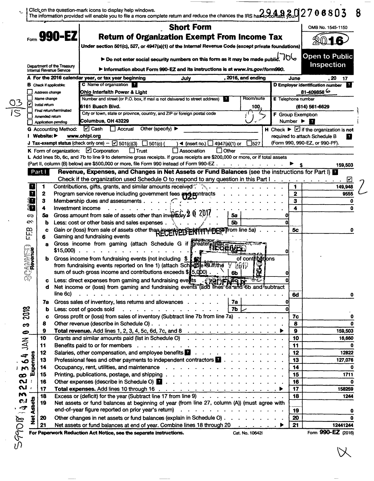 Image of first page of 2016 Form 990EZ for Ohio Interfaith Power & Light