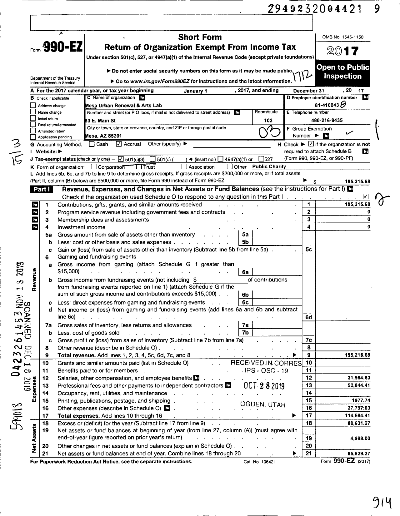 Image of first page of 2017 Form 990EZ for Mesa Urban Renewal and Arts Lab