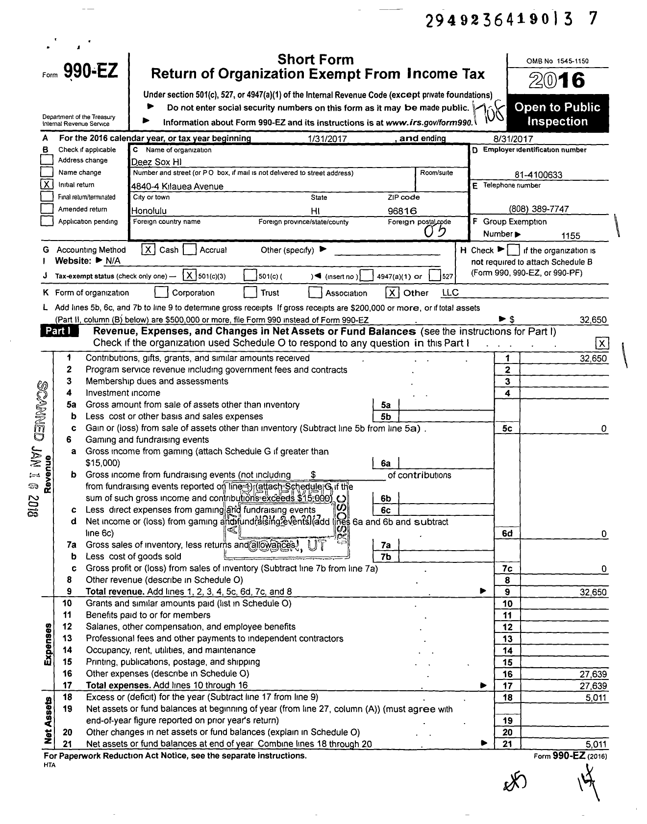 Image of first page of 2016 Form 990EZ for Amateur Athletic Union of the United States