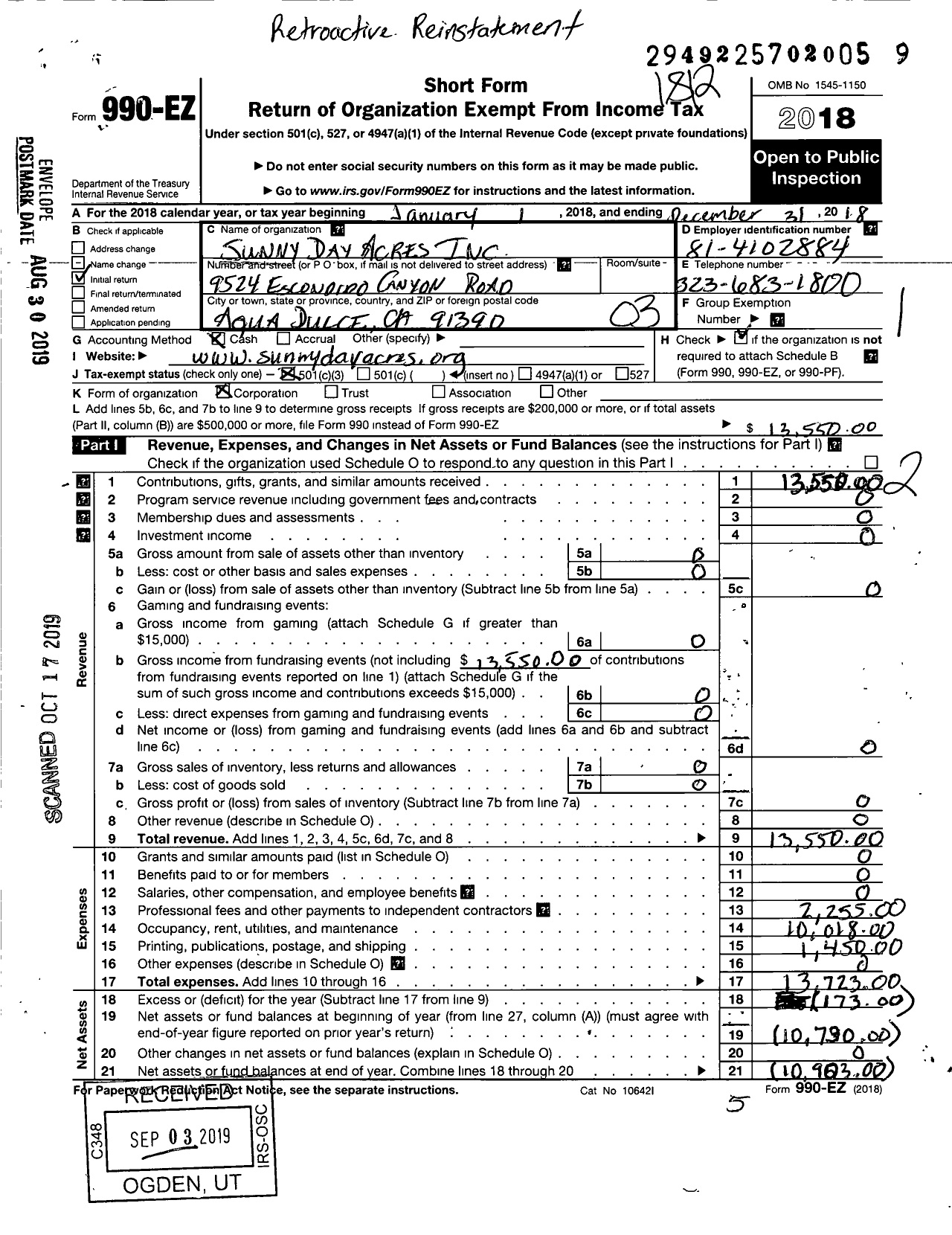 Image of first page of 2018 Form 990EZ for Sunny Day Acres