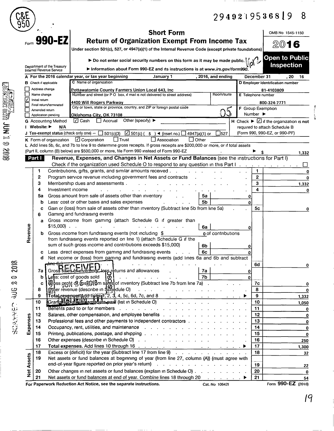 Image of first page of 2016 Form 990EO for Farmers Educational and Cooperative Union of America - 643 Pottawatomie County Farmers Uni