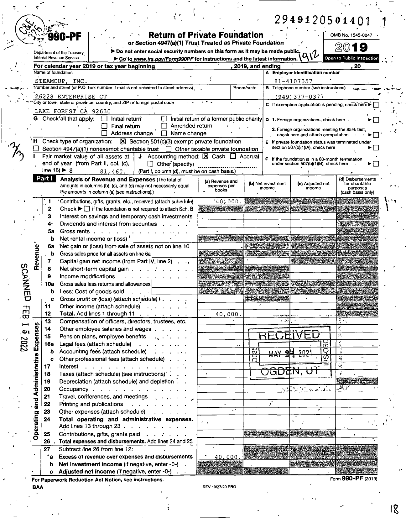 Image of first page of 2019 Form 990PF for Steamcup