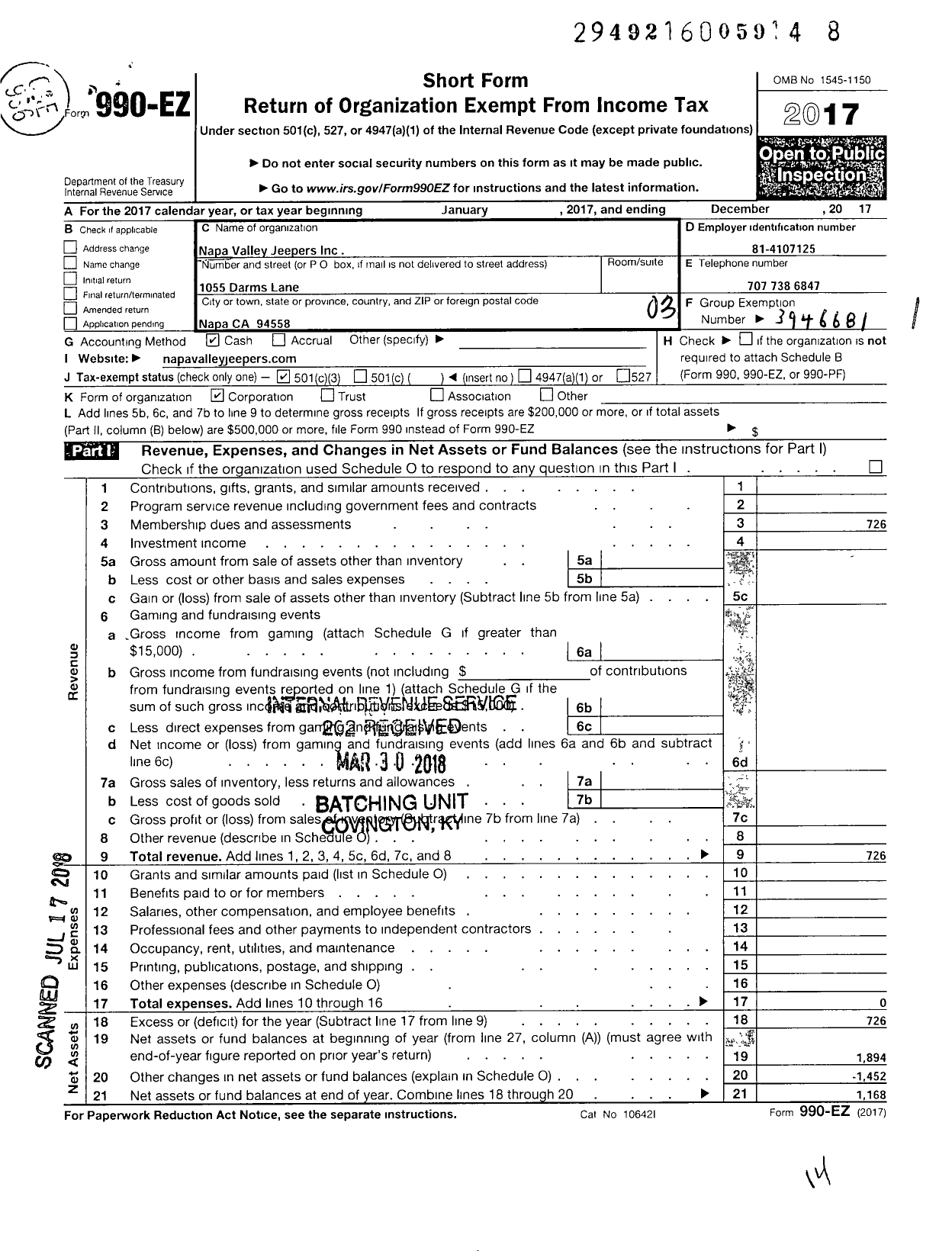 Image of first page of 2017 Form 990EZ for Napa Valley Jeepers