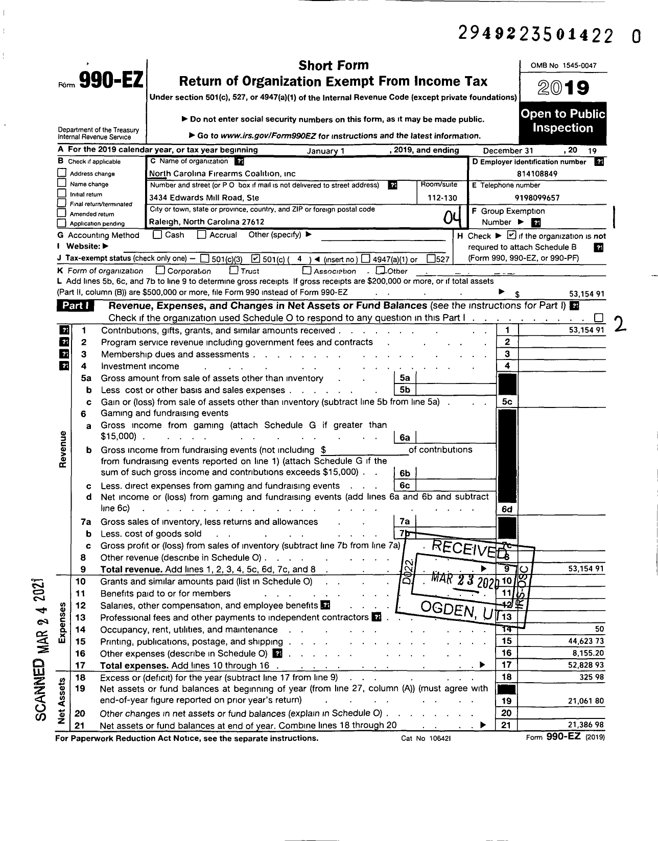 Image of first page of 2019 Form 990EO for North Carolina Firearms Coalition