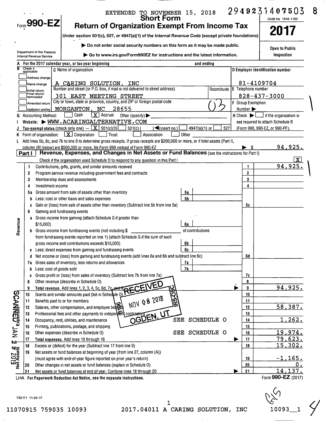 Image of first page of 2017 Form 990EZ for A Caring Solution