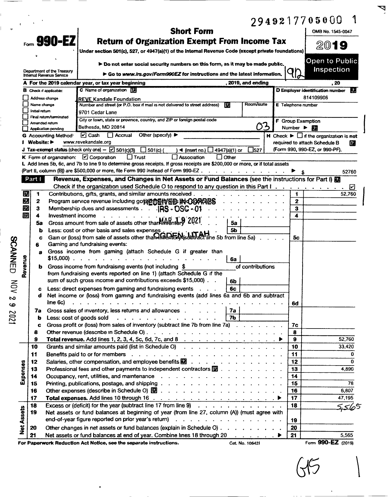 Image of first page of 2019 Form 990EZ for Reve Kandale Foundation