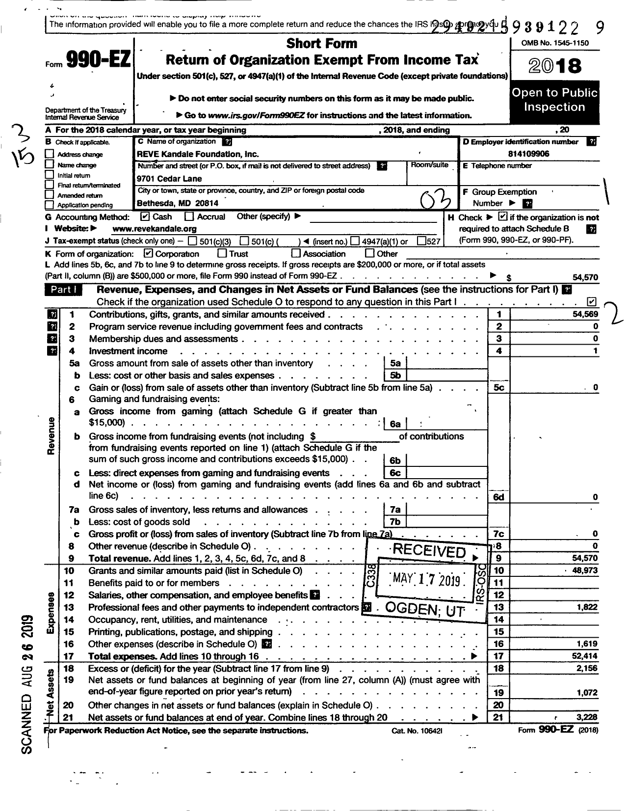 Image of first page of 2018 Form 990EZ for Reve Kandale Foundation