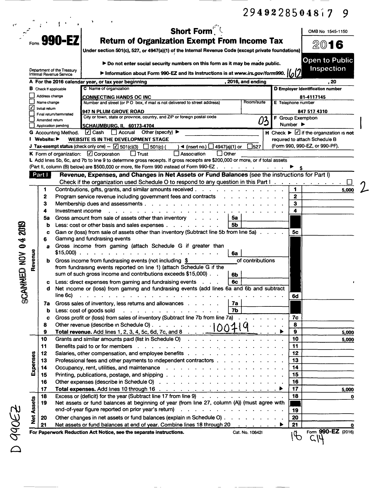 Image of first page of 2016 Form 990EZ for Connecting Hands Oc