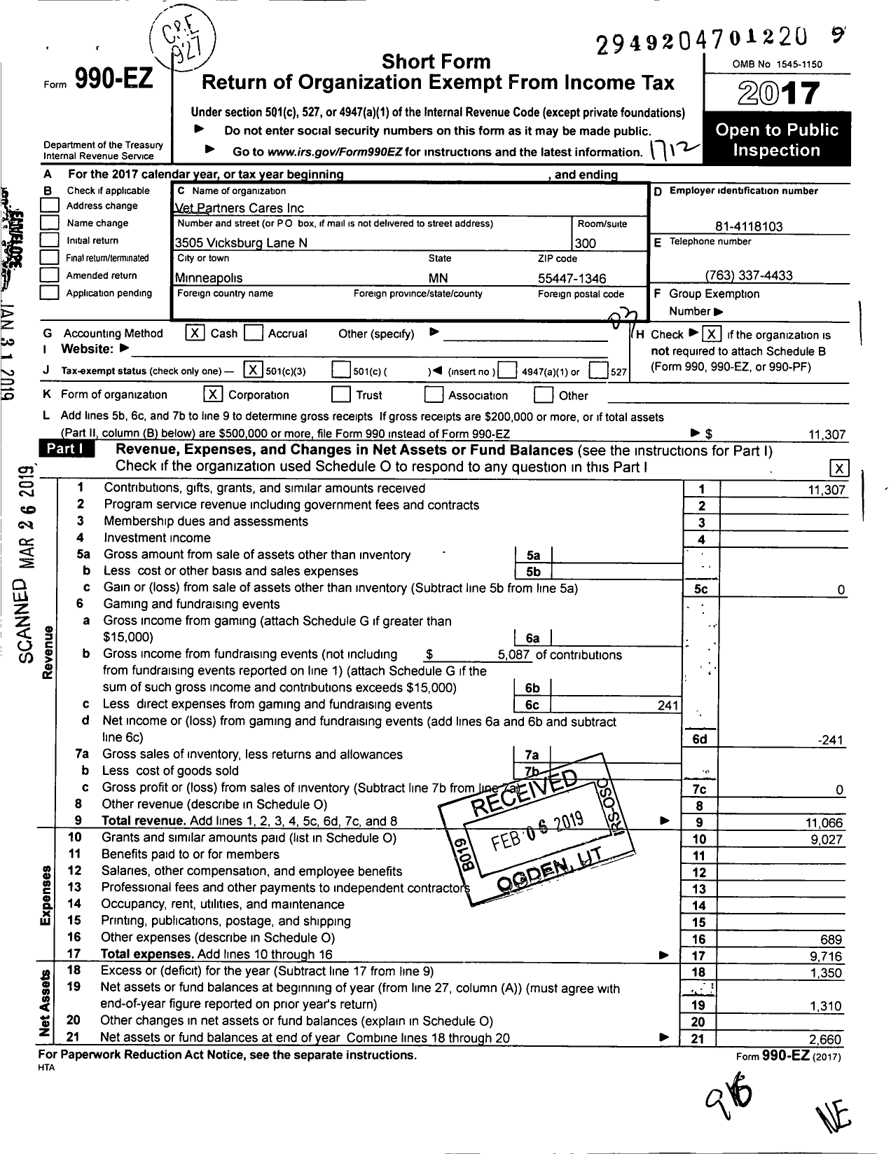 Image of first page of 2017 Form 990EZ for Vet Partners Cares Vet Partners Cares