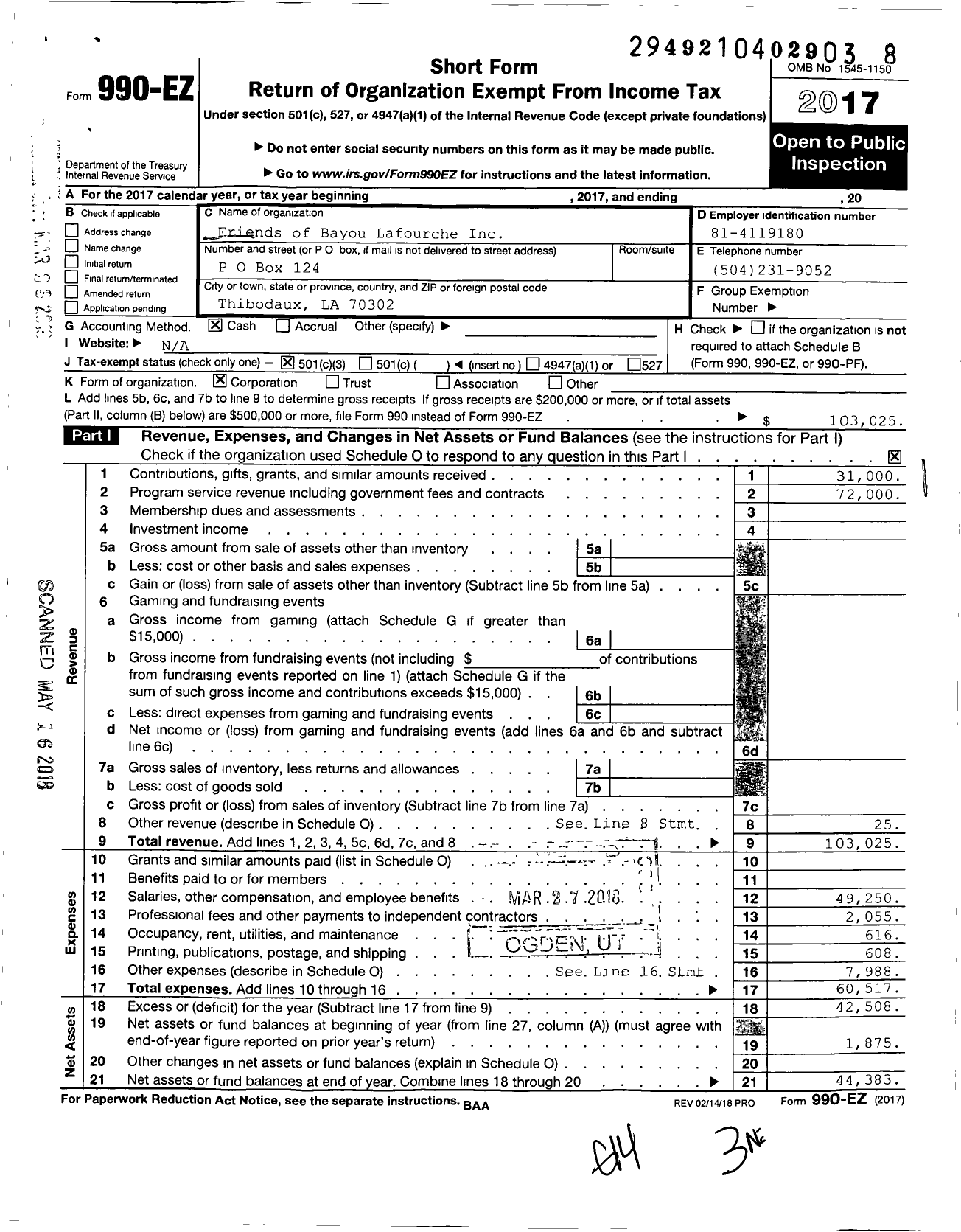 Image of first page of 2017 Form 990EZ for Friends of Bayou Lafourche