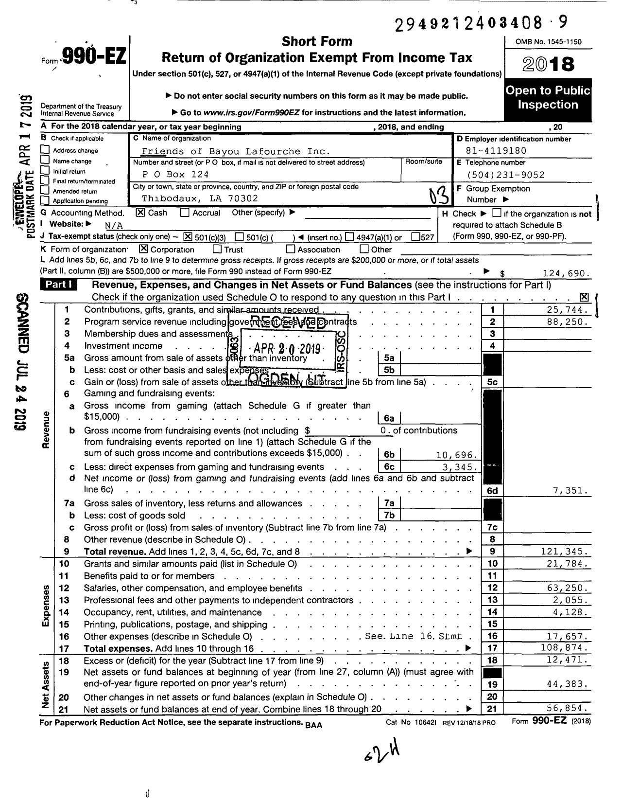 Image of first page of 2018 Form 990EZ for Friends of Bayou Lafourche