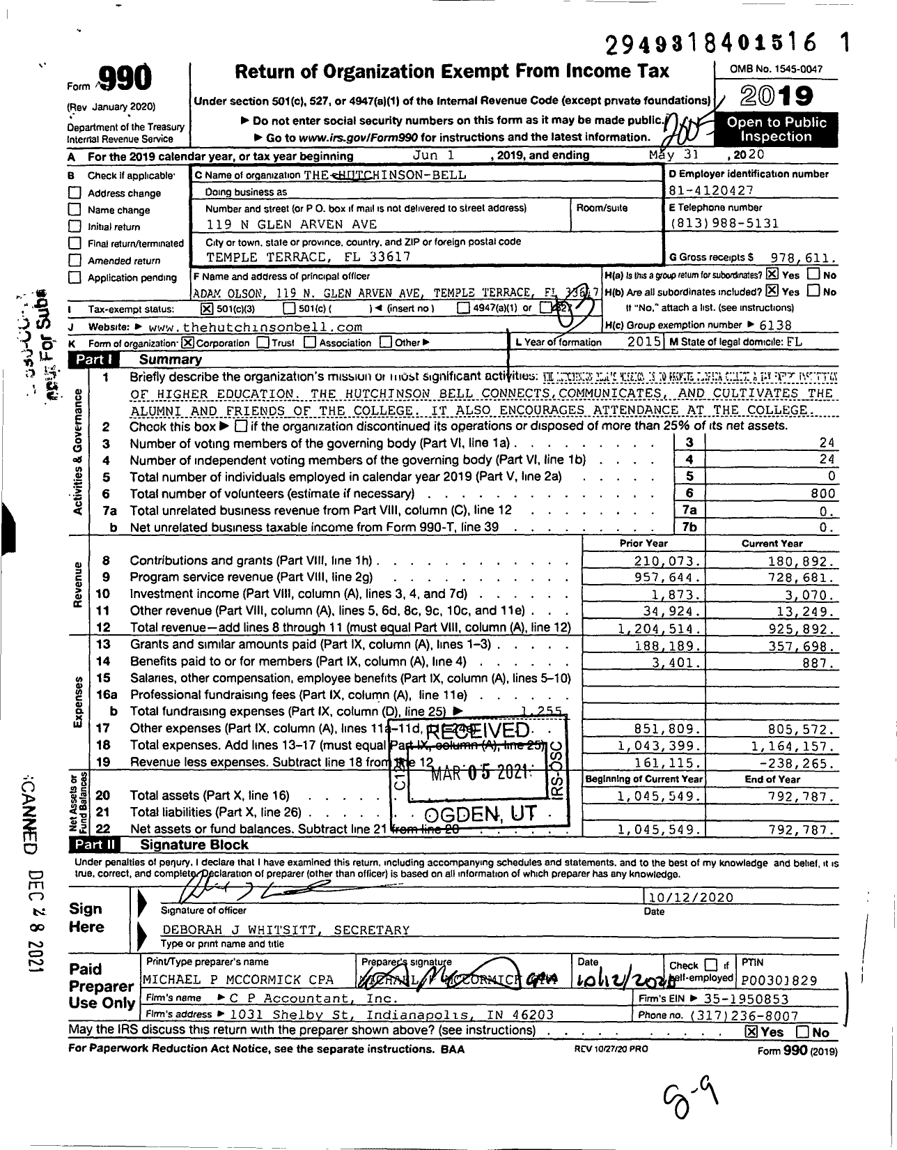 Image of first page of 2019 Form 990 for The-Hutchinson-Bell
