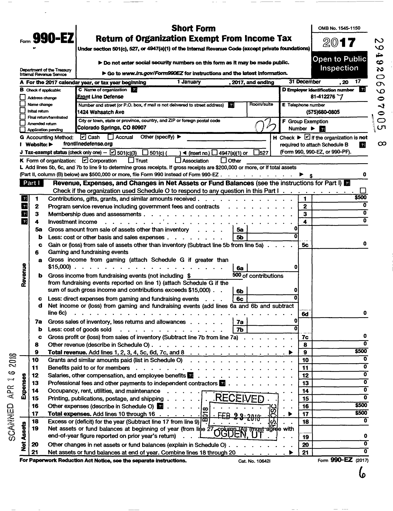 Image of first page of 2017 Form 990EZ for Front Line Defense