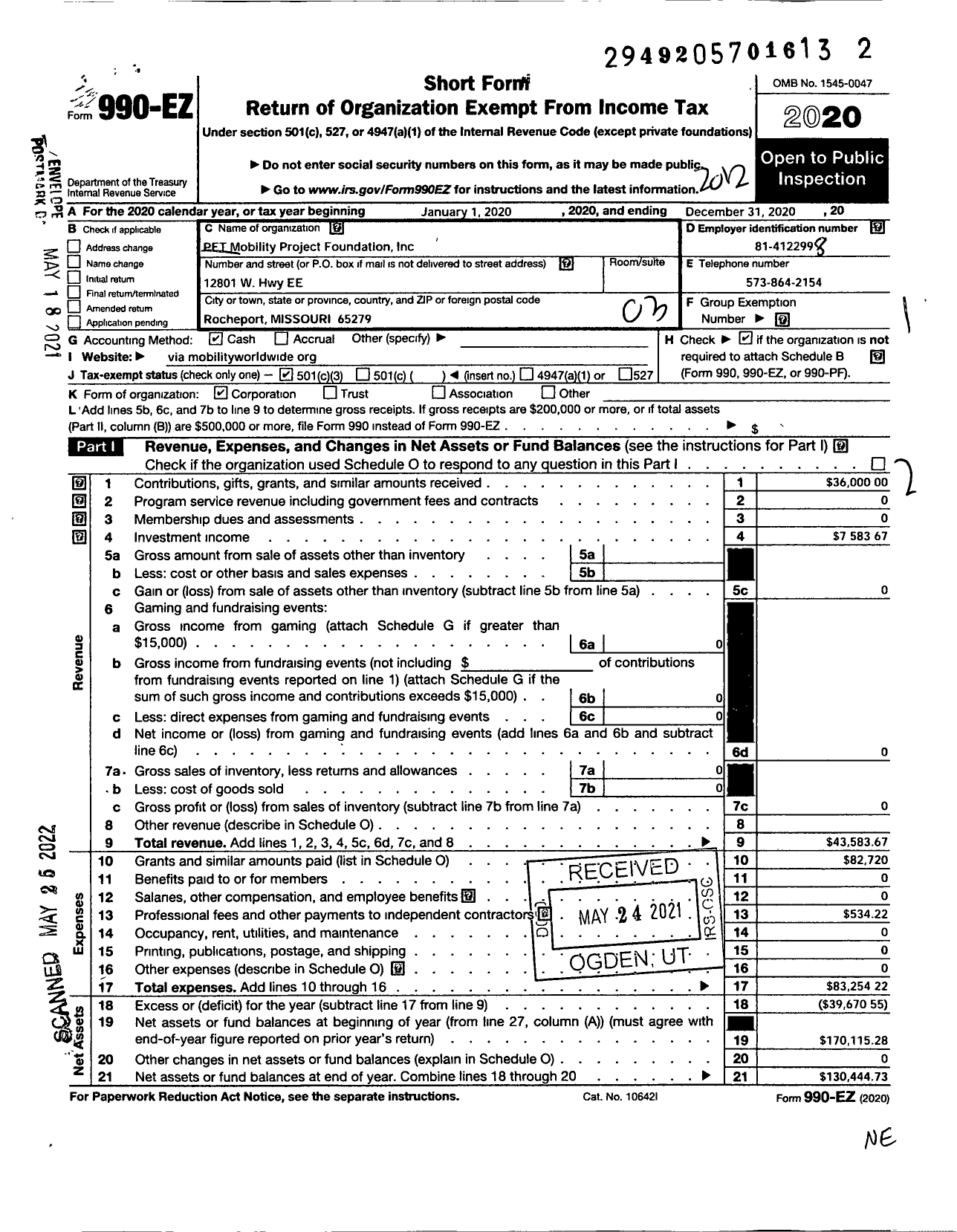 Image of first page of 2020 Form 990EZ for Pet Mobility Project Foundation