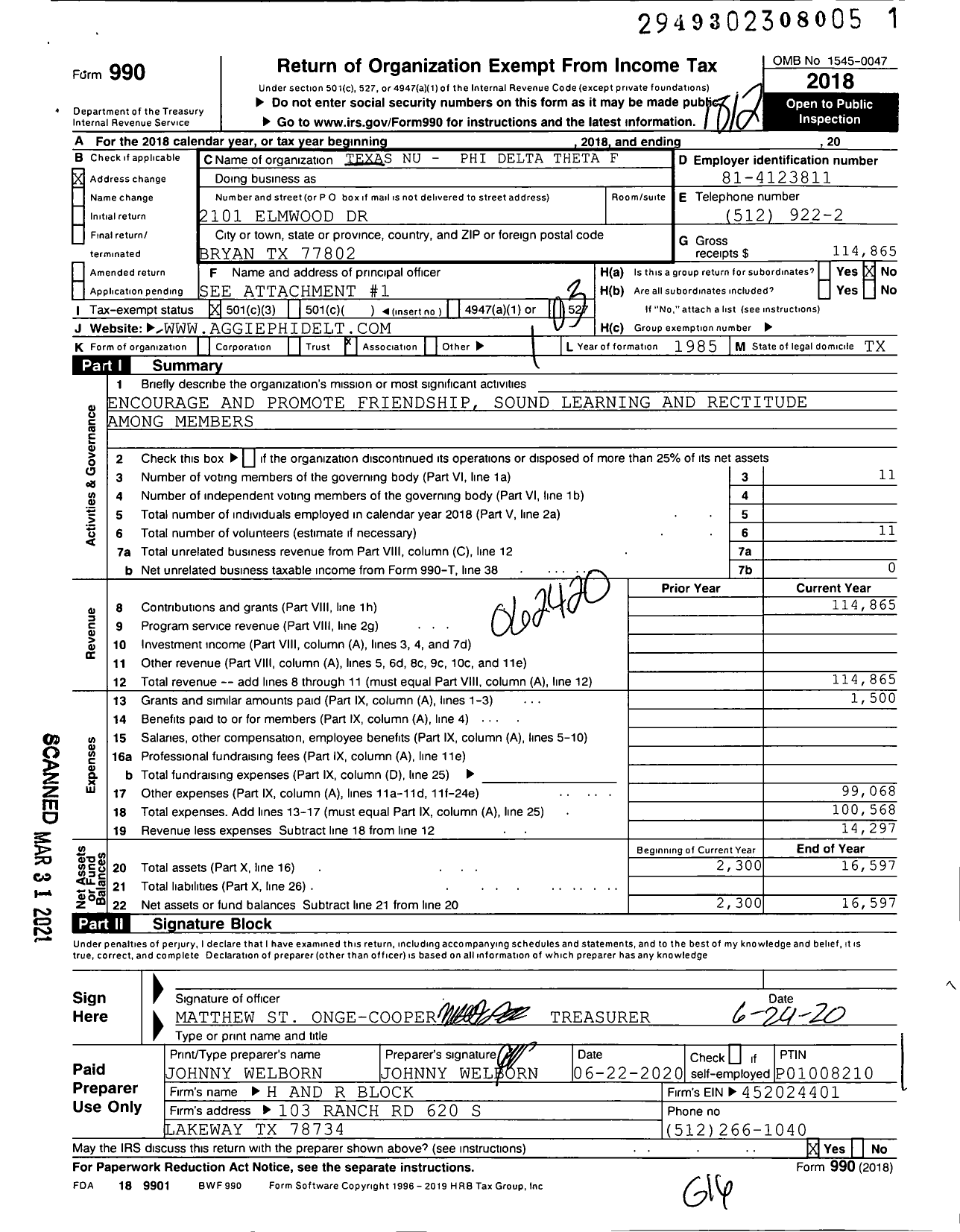 Image of first page of 2018 Form 990 for Texas Nu Phi Delta Theta Fraternity