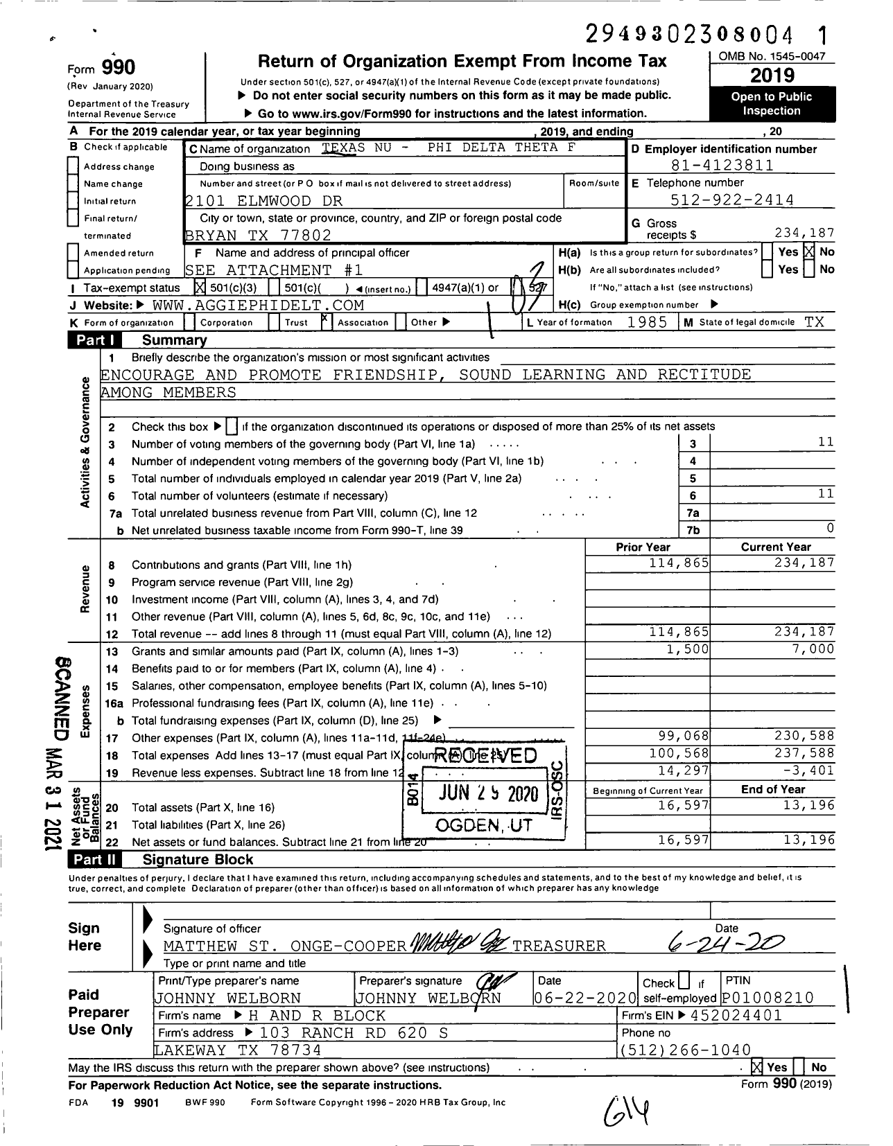 Image of first page of 2019 Form 990 for Texas Nu Phi Delta Theta Fraternity