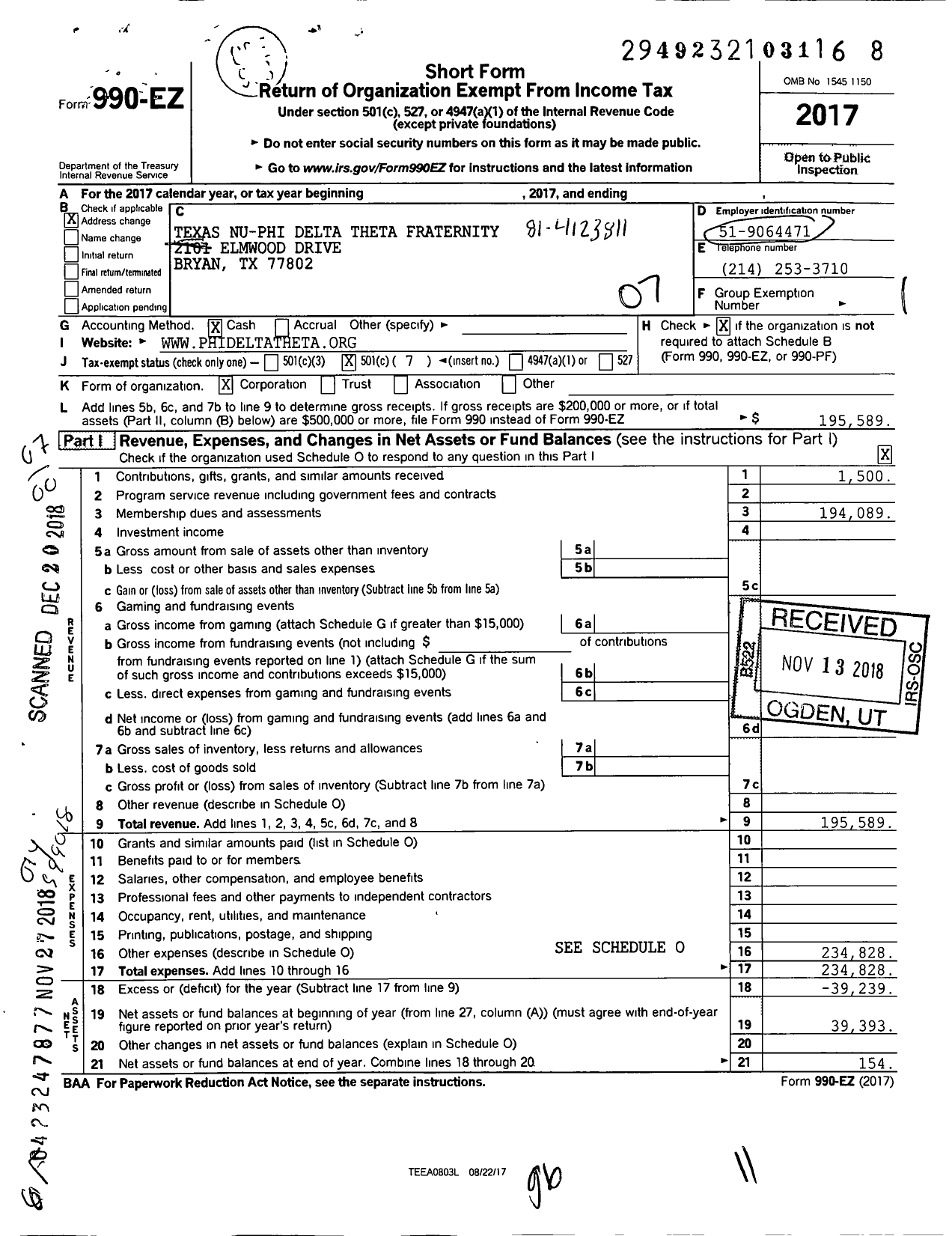 Image of first page of 2017 Form 990EO for Texas Nu Phi Delta Theta Fraternity